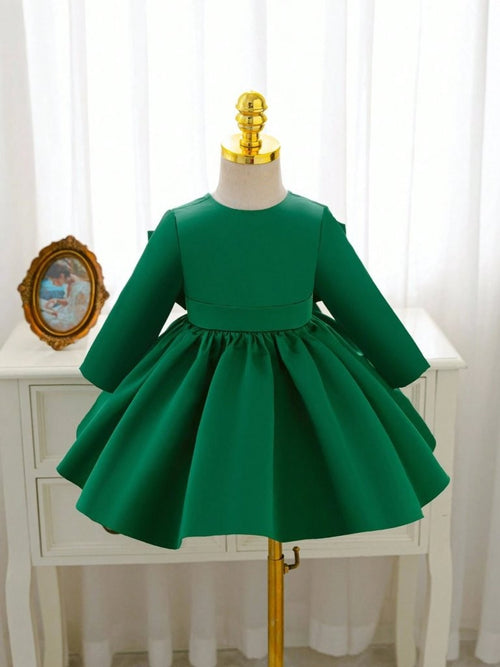 Baby Elegant Satin Olive Green Bow Dress
