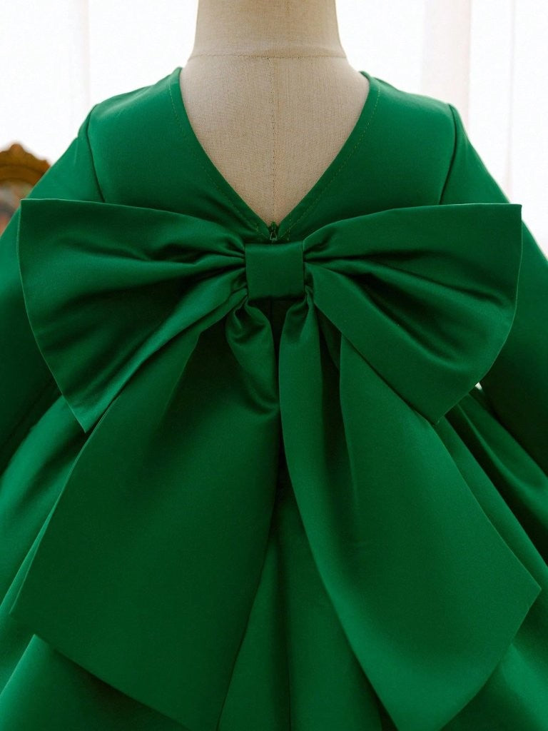 Baby Elegant Satin Olive Green Bow Dress