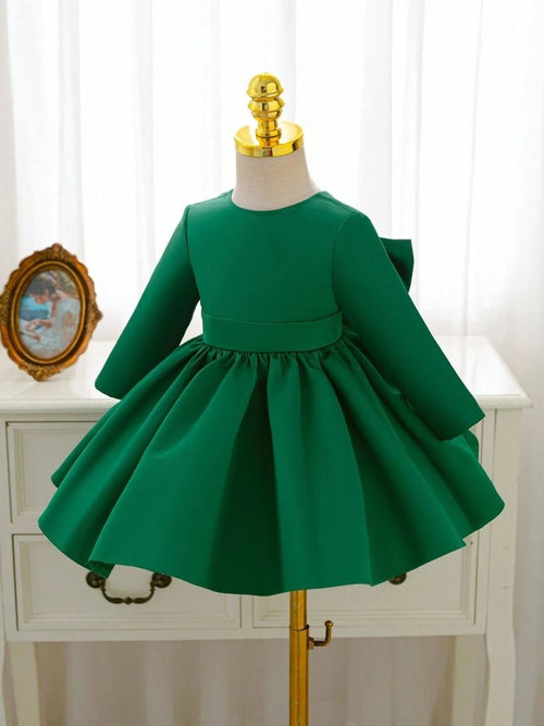 Baby Elegant Satin Olive Green Bow Dress