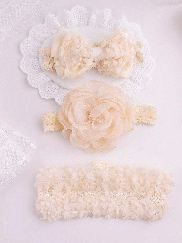 Baby 3 Piece Flower Decor Lace Headband Apricot