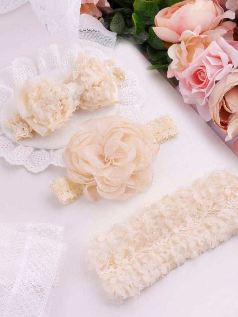 Baby 3 Piece Flower Decor Lace Headband Apricot