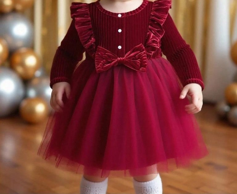 Baby Burgundy Velvet Ruffle Bow Tulle Dress