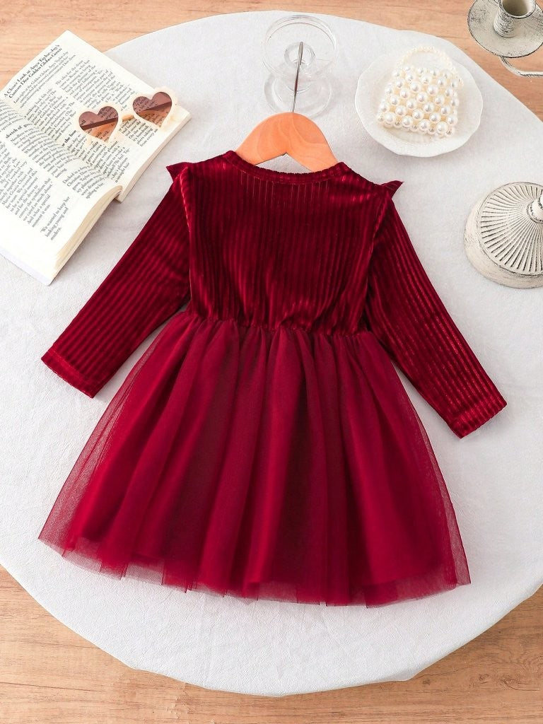 Baby Burgundy Velvet Ruffle Bow Tulle Dress