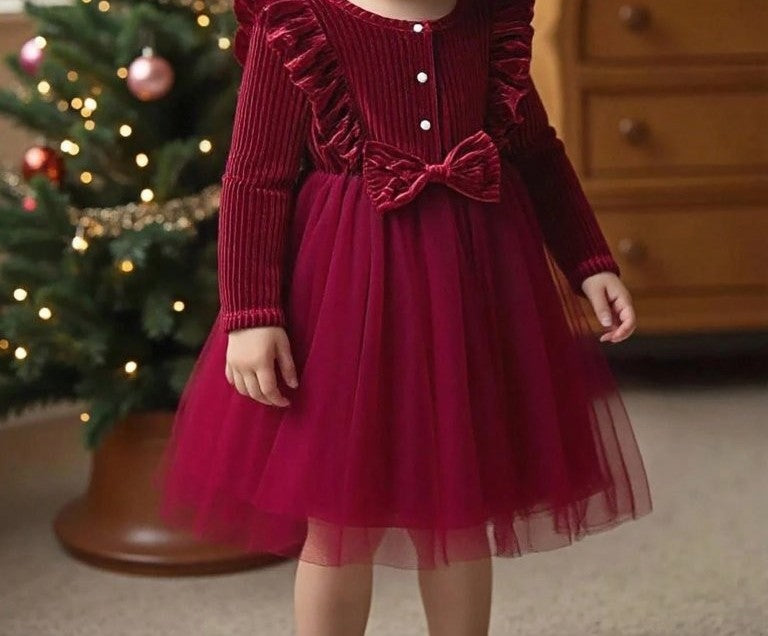 Baby Burgundy Velvet Ruffle Bow Tulle Dress