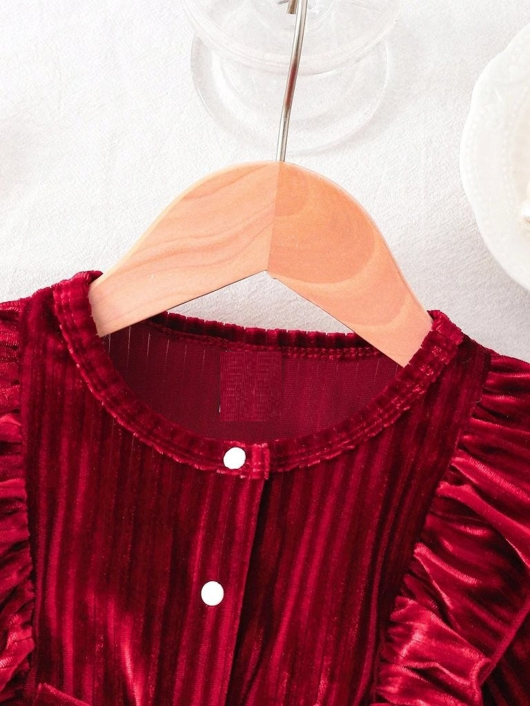 Baby Burgundy Velvet Ruffle Bow Tulle Dress