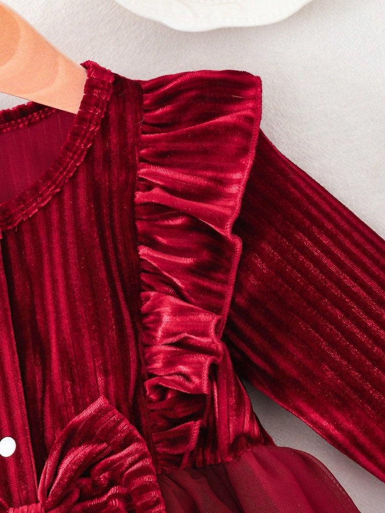 Baby Burgundy Velvet Ruffle Bow Tulle Dress