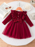 Baby Burgundy Velvet Ruffle Bow Tulle Dress