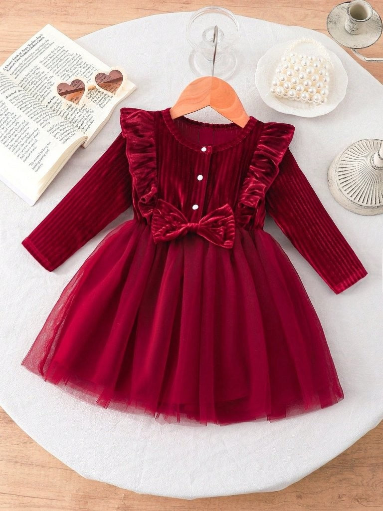 Baby Burgundy Velvet Ruffle Bow Tulle Dress
