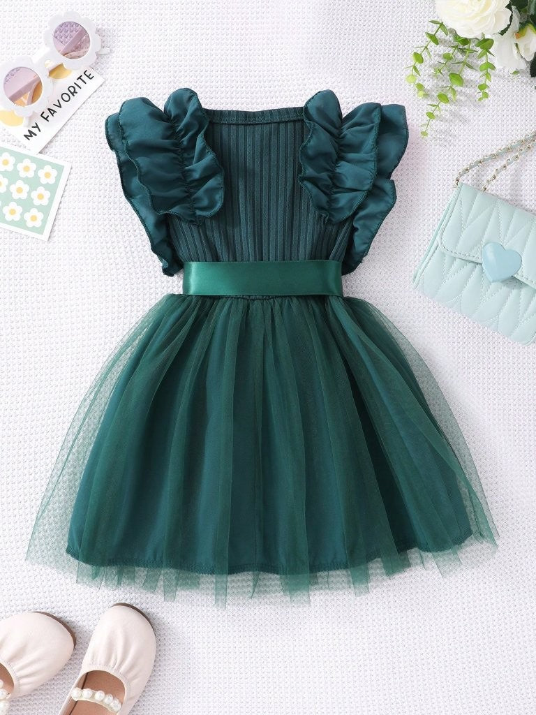 Baby Green Frilled Sleeve Tulle Dress