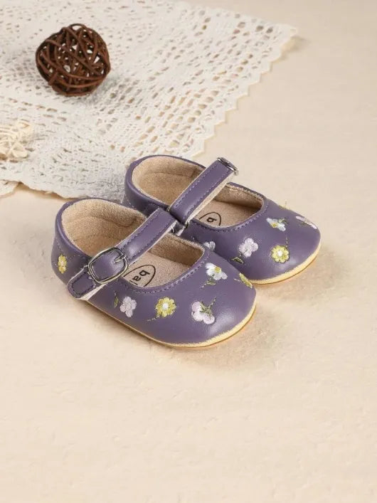 Baby Embroidered Floral Buckle Strap Leather Shoes Purple