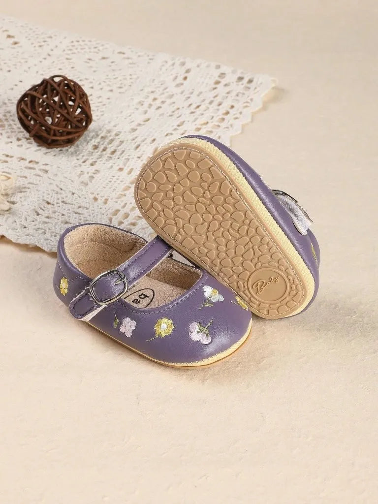 Baby Embroidered Floral Buckle Strap Leather Shoes Purple