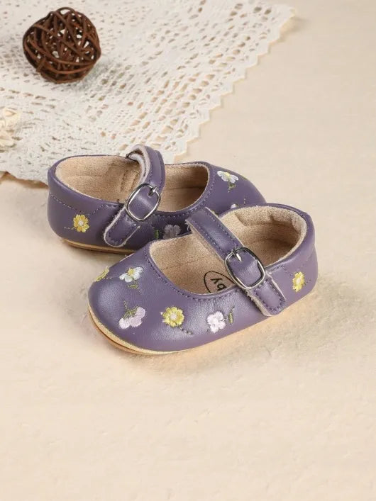 Baby Embroidered Floral Buckle Strap Leather Shoes Purple