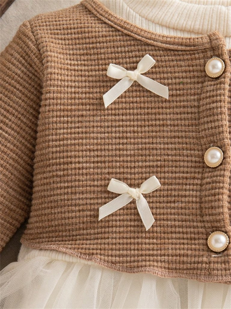 Baby Elegant Triple Front Bow Mesh Dress Khaki
