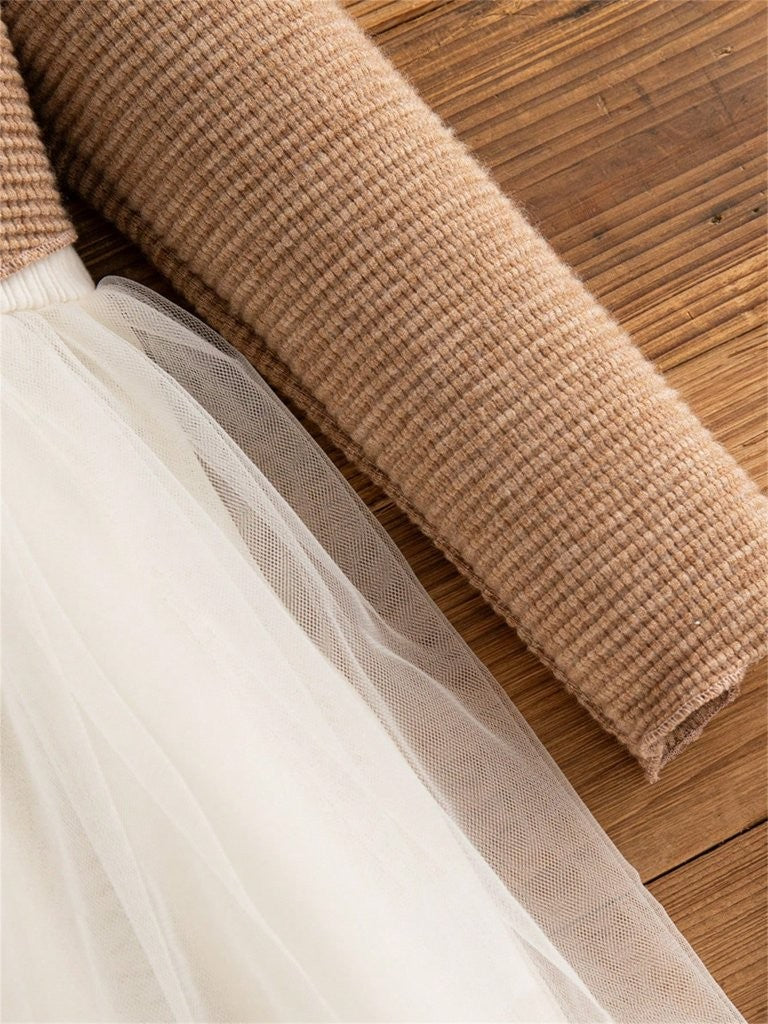 Baby Elegant Triple Front Bow Mesh Dress Khaki