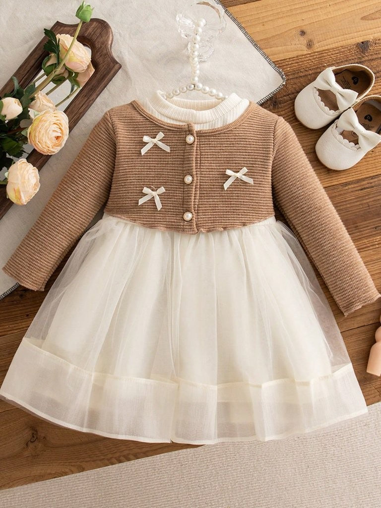 Baby Elegant Triple Front Bow Mesh Dress Khaki