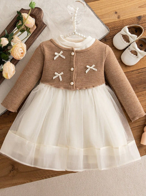 Baby Elegant Triple Front Bow Mesh Dress Khaki