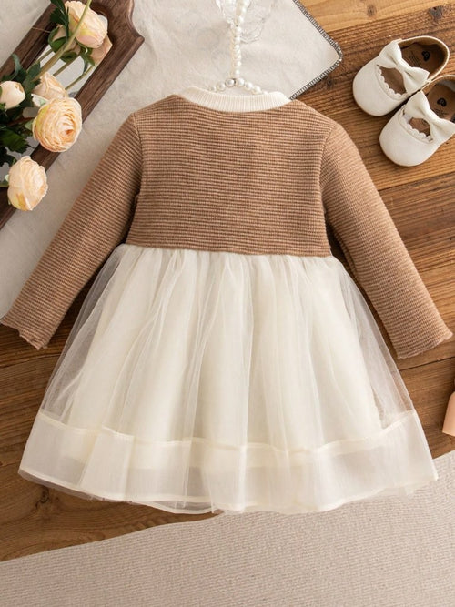 Baby Elegant Triple Front Bow Mesh Dress Khaki
