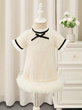 Baby Elegant Black Bow Tweed Mesh Dress Champagne