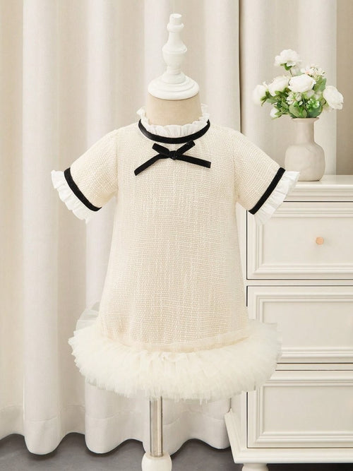 Baby Elegant Black Bow Tweed Mesh Dress Champagne