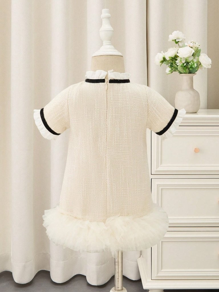 Baby Elegant Black Bow Tweed Mesh Dress Champagne