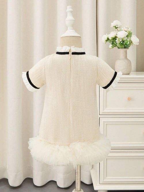 Baby Elegant Black Bow Tweed Mesh Dress Champagne