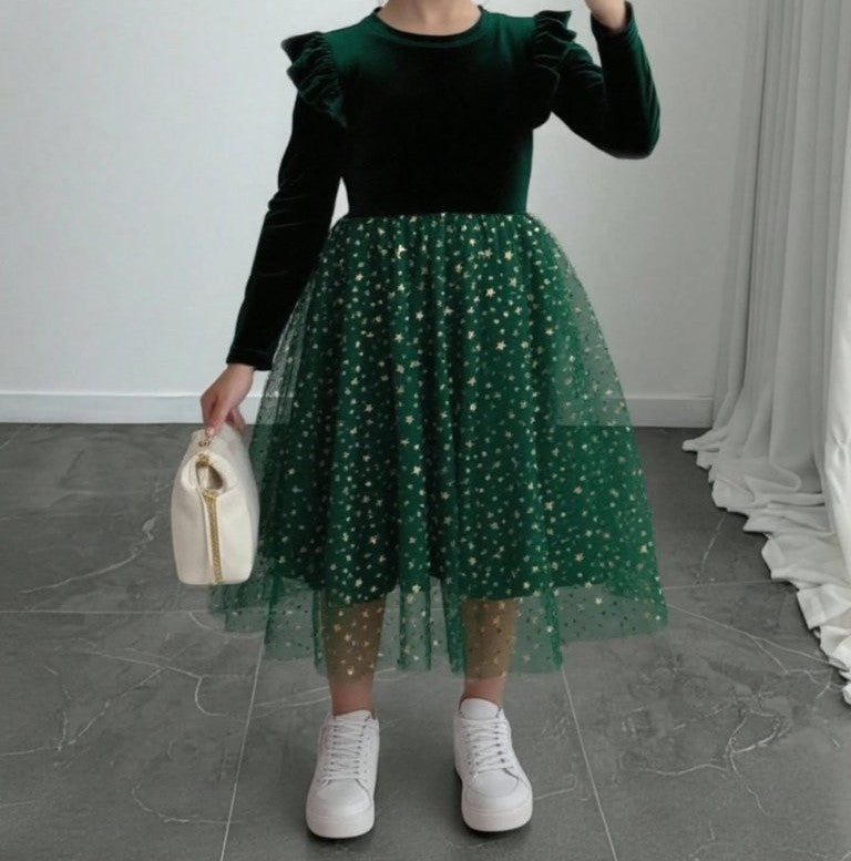 Toddler Girls Green Frilled Sleeve Sparkle Dress