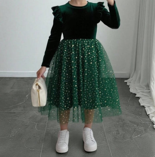Toddler Girls Green Frilled Sleeve Sparkle Dress