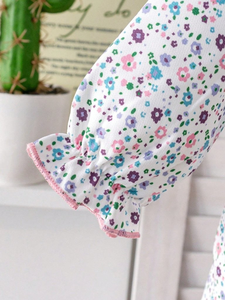 Baby 3 Piece Spring Flower Pattern Top With Ribbed Leggings Set