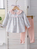 Baby 3 Piece Spring Flower Pattern Top With Ribbed Leggings Set
