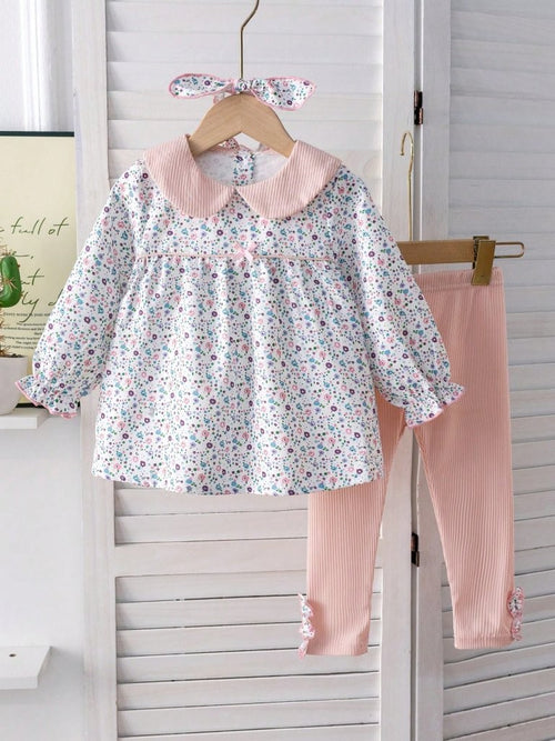 Baby 3 Piece Spring Flower Pattern Top With Ribbed Leggings Set
