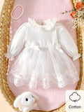 Baby Long Sleeve Double Bow Lace Dress White