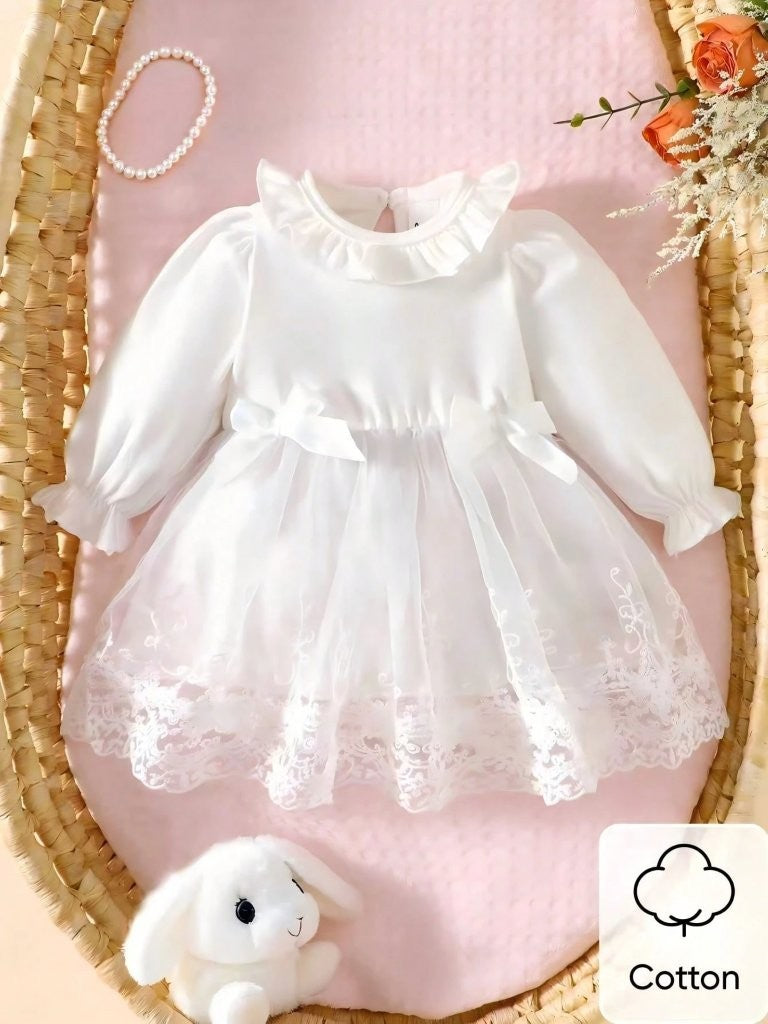 Baby Long Sleeve Double Bow Lace Dress White