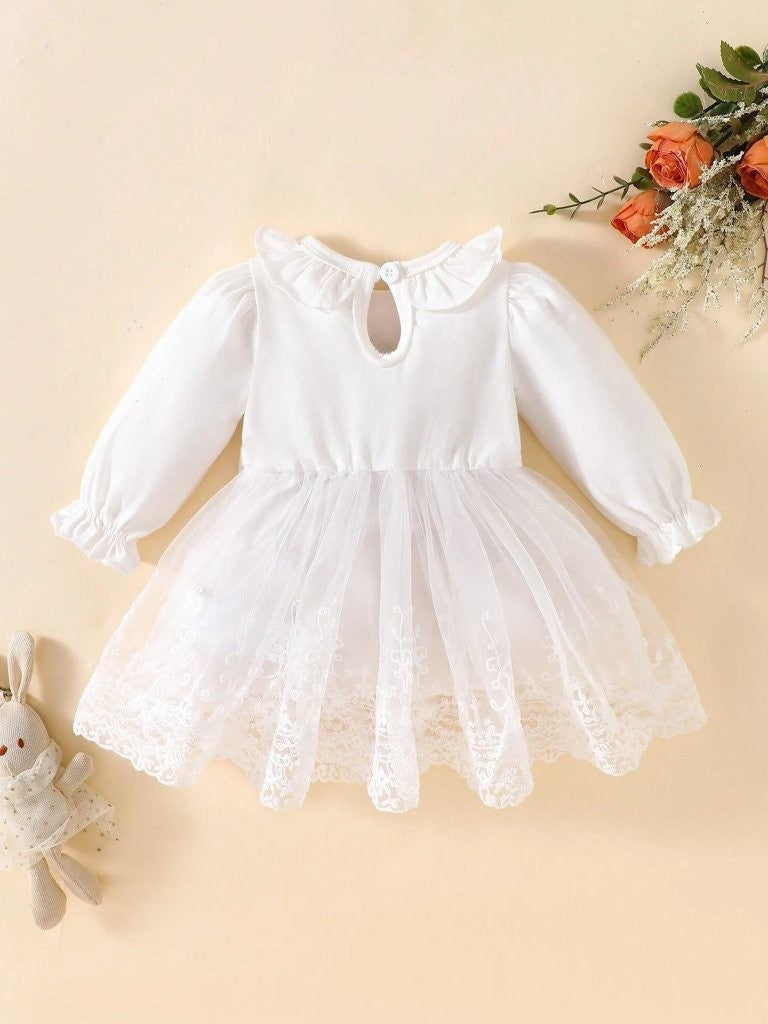 Baby Long Sleeve Double Bow Lace Dress White