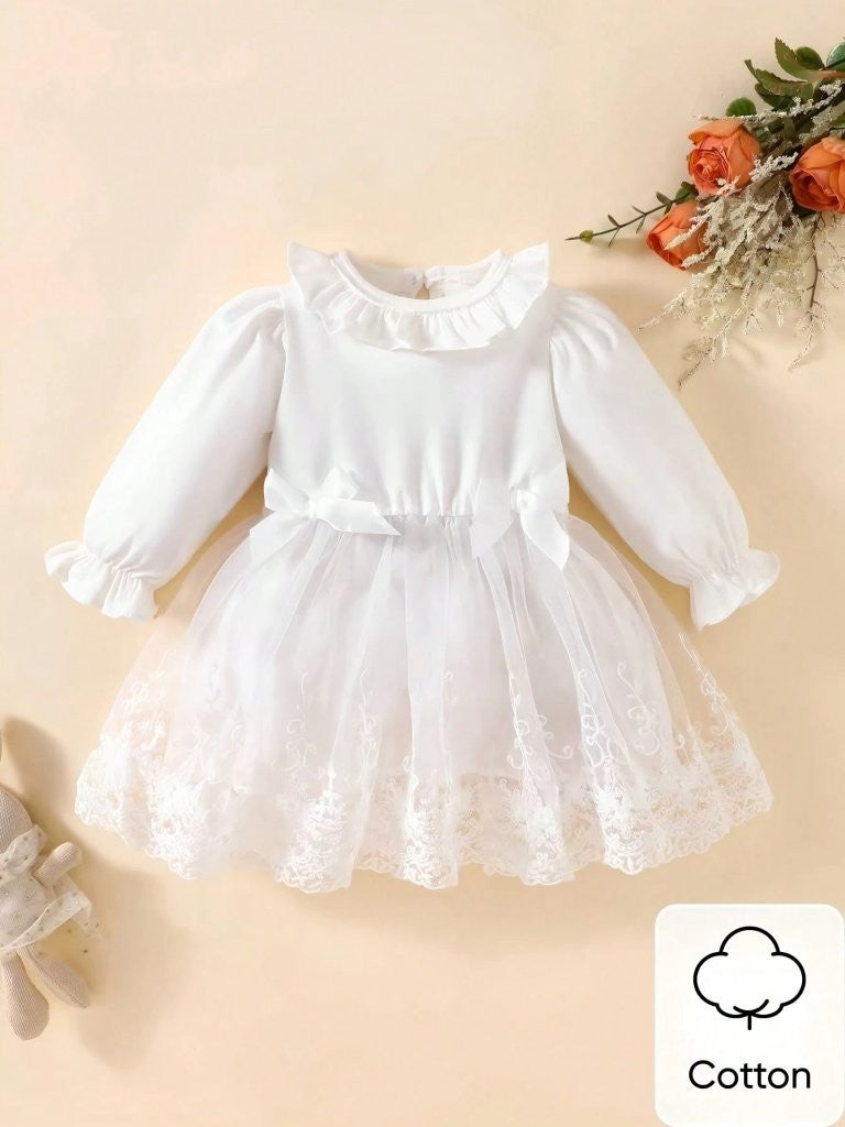 Baby Long Sleeve Double Bow Lace Dress White