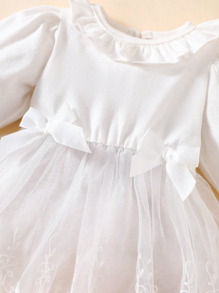 Baby Long Sleeve Double Bow Lace Dress White