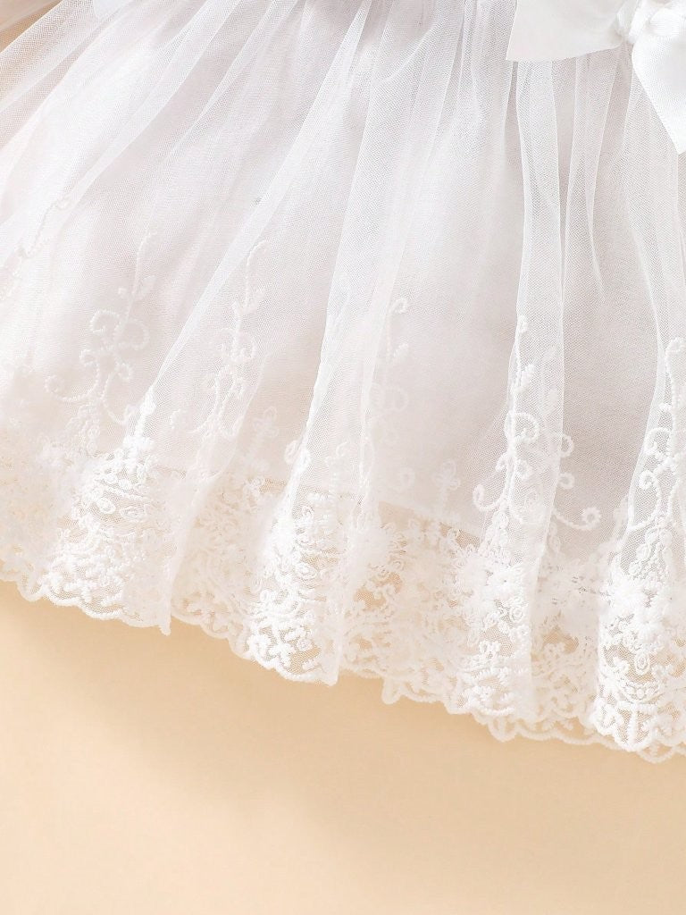 Baby Long Sleeve Double Bow Lace Dress White