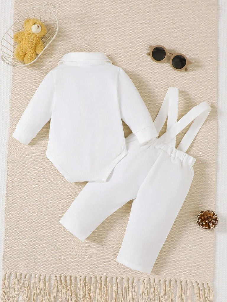 Baby 2 Piece Bow Tie Long Sleeve Suspender Baptism Outfit