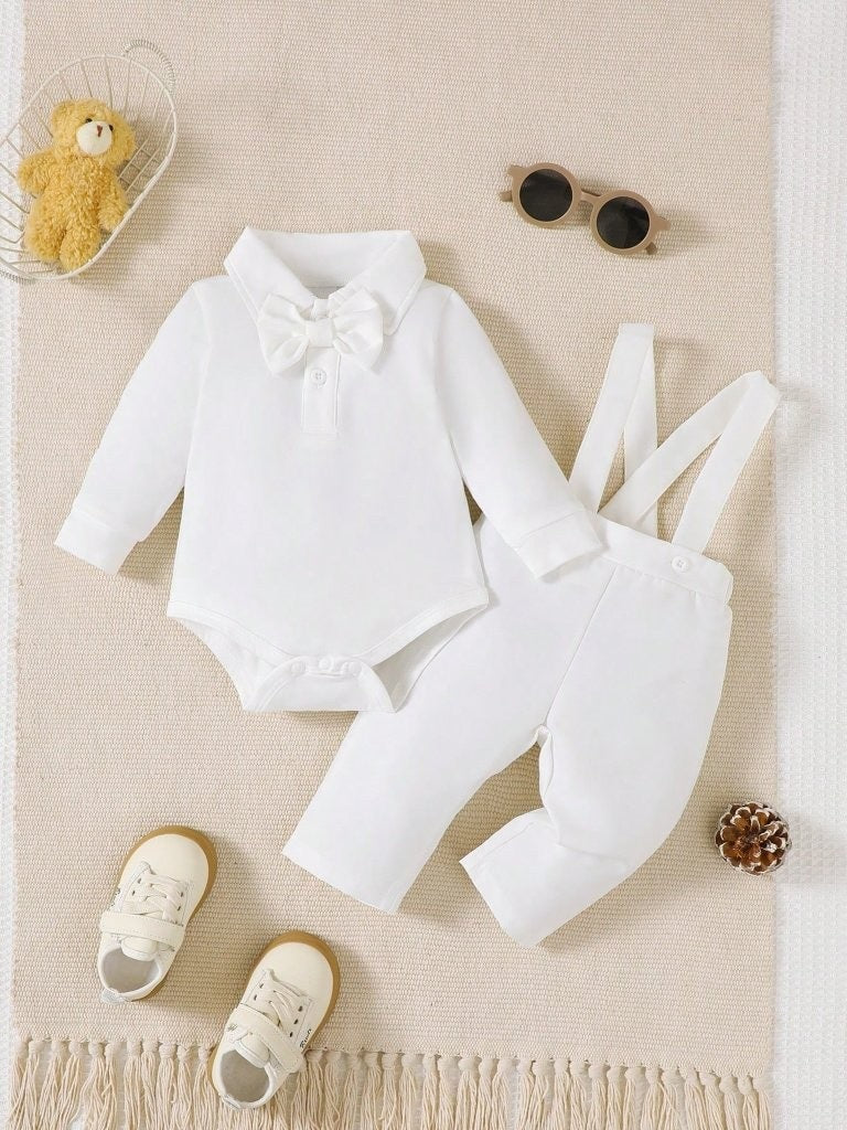 Baby 2 Piece Bow Tie Long Sleeve Suspender Baptism Outfit