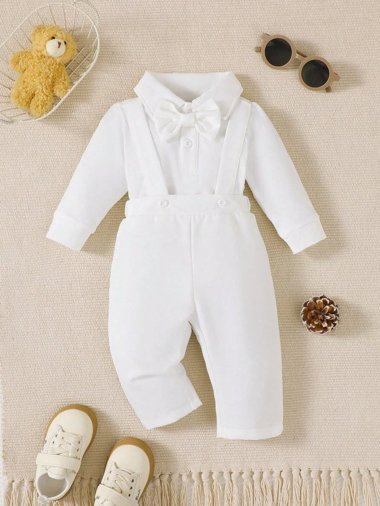 Baby 2 Piece Bow Tie Long Sleeve Suspender Baptism Outfit