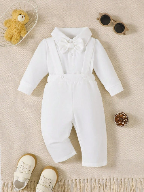 Baby 2 Piece Bow Tie Long Sleeve Suspender Baptism Outfit