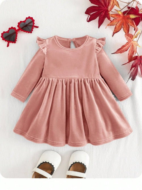 Baby Pink Velvet Ruffle Long Sleeve Dress