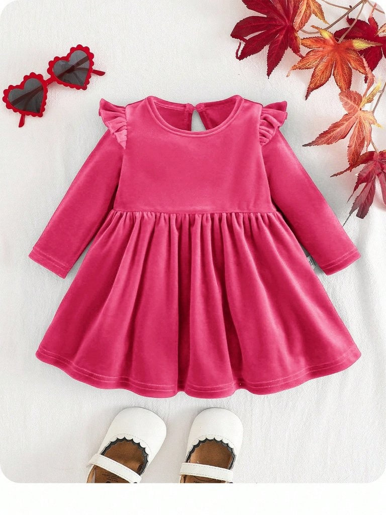 Baby Hot Pink Velvet Ruffle Long Sleeve Dress