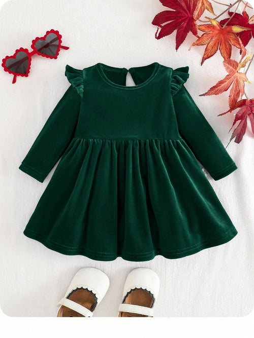 Baby Green Velvet Ruffle Long Sleeve Dress