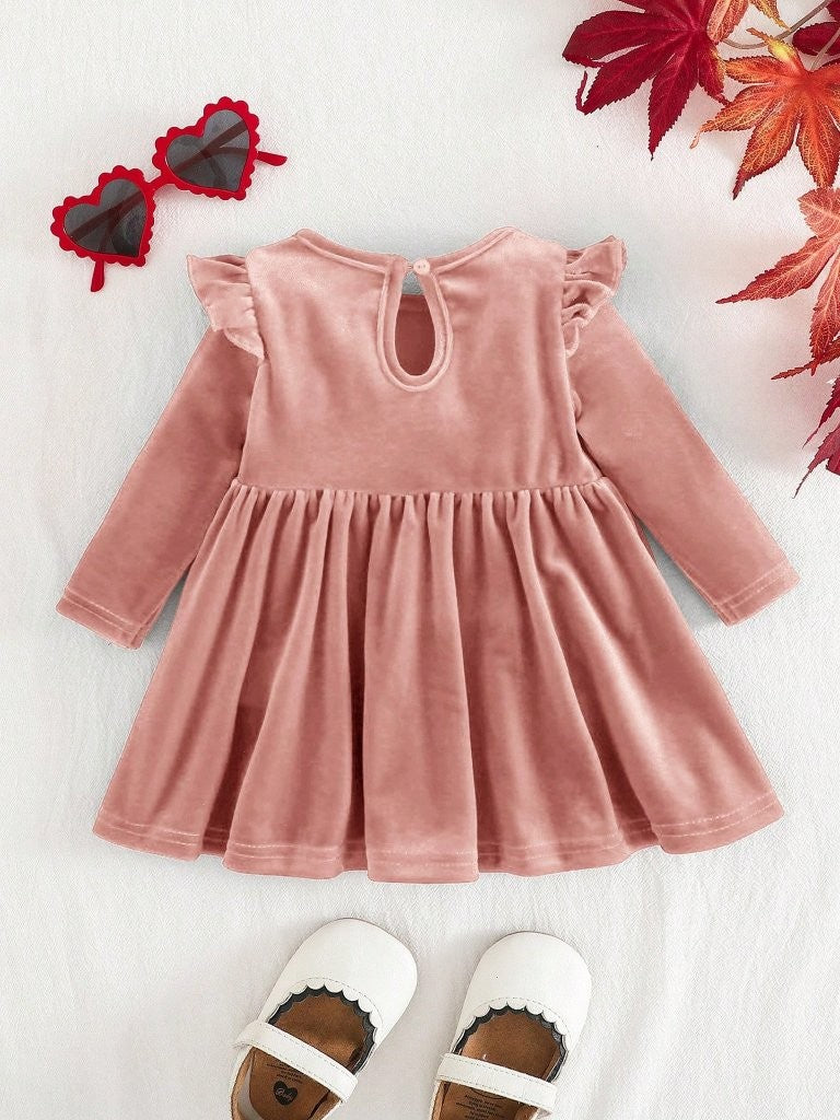 Baby Pink Velvet Ruffle Long Sleeve Dress