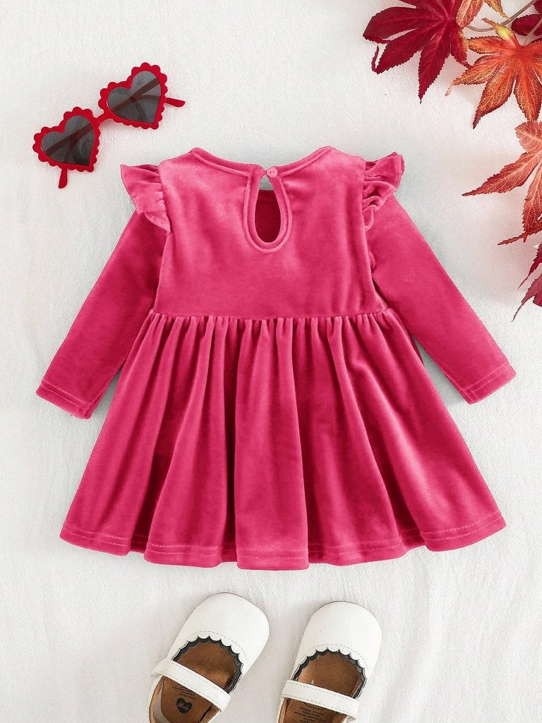 Baby Hot Pink Velvet Ruffle Long Sleeve Dress