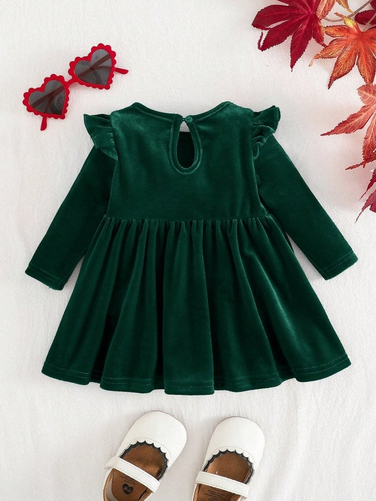 Baby Green Velvet Ruffle Long Sleeve Dress