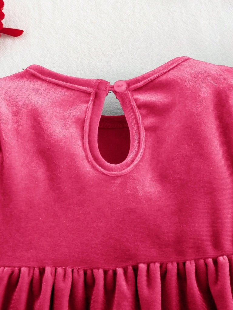 Baby Hot Pink Velvet Ruffle Long Sleeve Dress