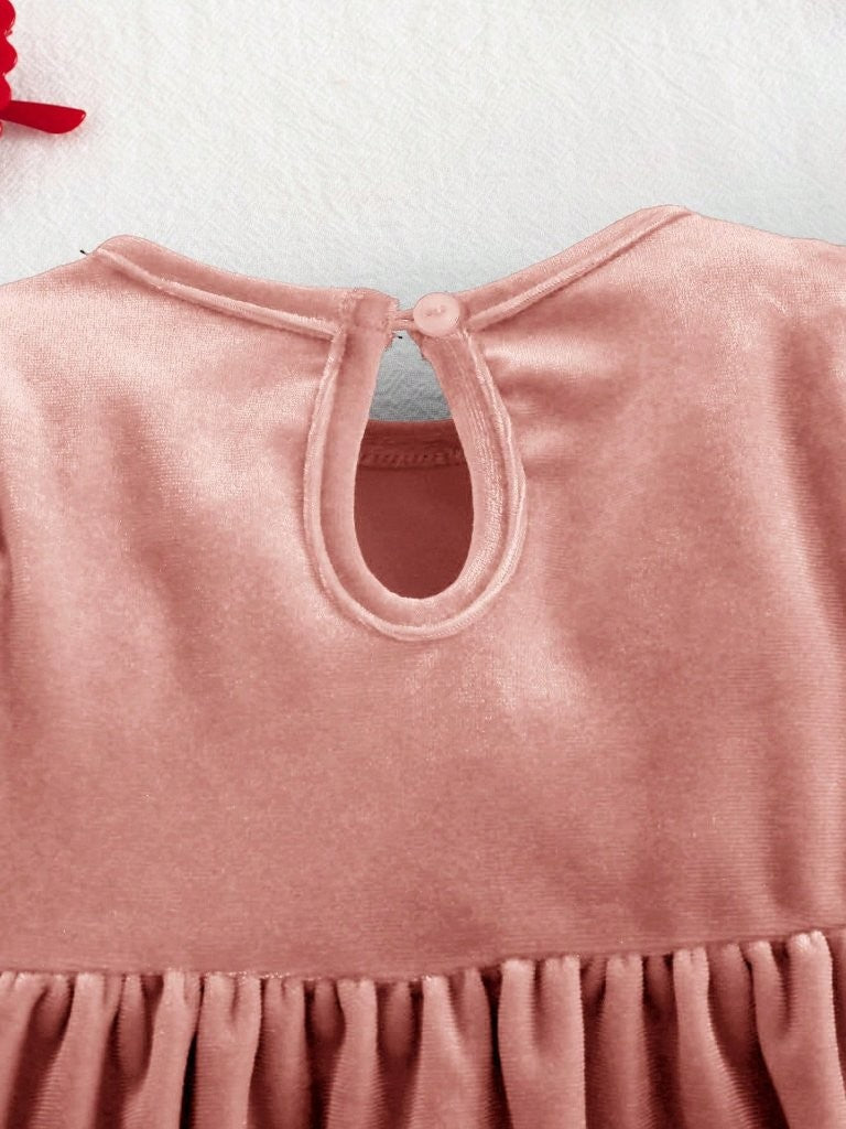 Baby Pink Velvet Ruffle Long Sleeve Dress