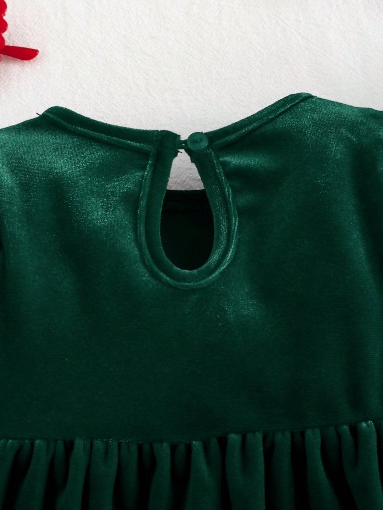 Baby Green Velvet Ruffle Long Sleeve Dress