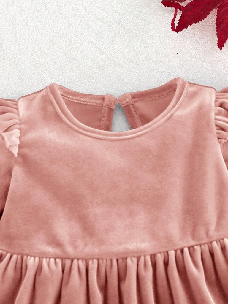 Baby Pink Velvet Ruffle Long Sleeve Dress